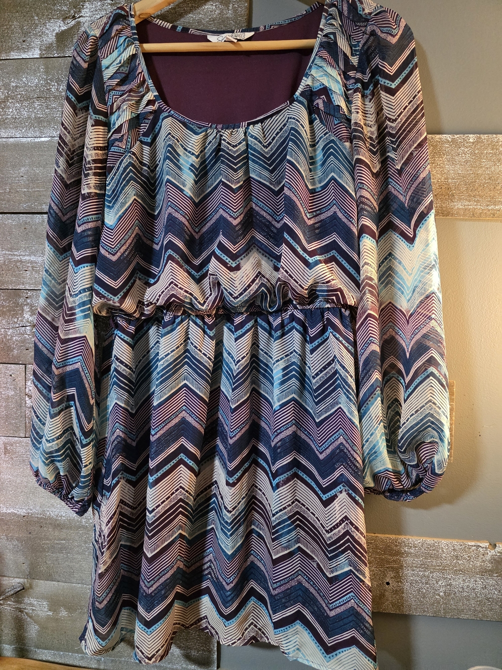 Speechless Chevron Print Long-Sleeve Mini Dress in Purple and Blue